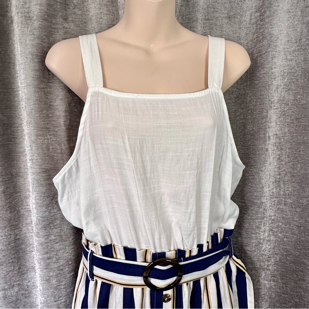 E & M White Blue and Mustard Striped Belted Overall Jumpsuit Women's Size L - Picture 6 of 14